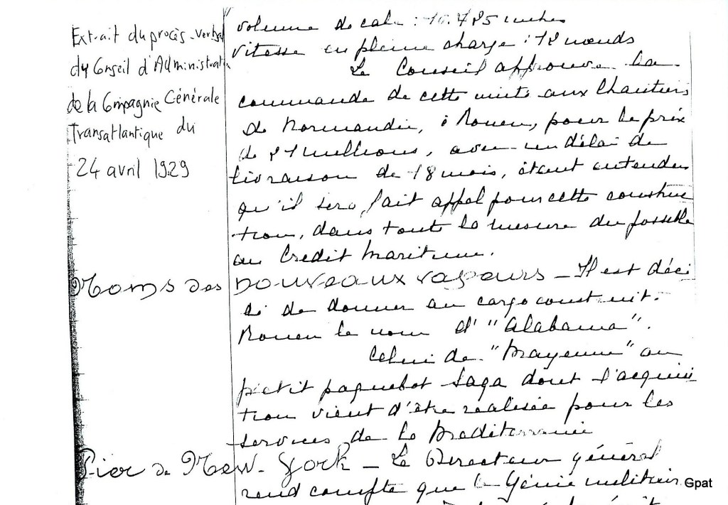 Extrait du procès verbal du Conseil d'Administration de la Compagnie Général transatlantique du 24 avril 1929